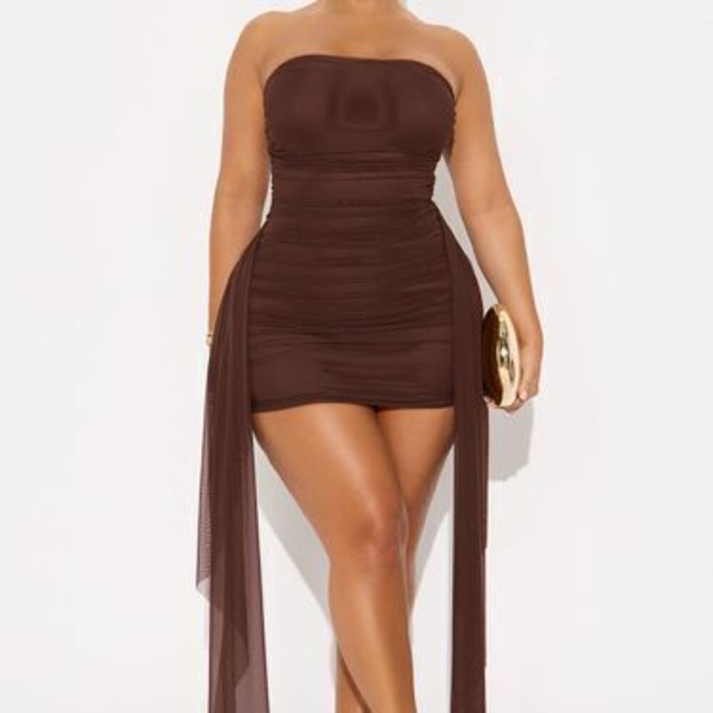 Tessa Draped Mesh Mini Dress - Chocolate - L